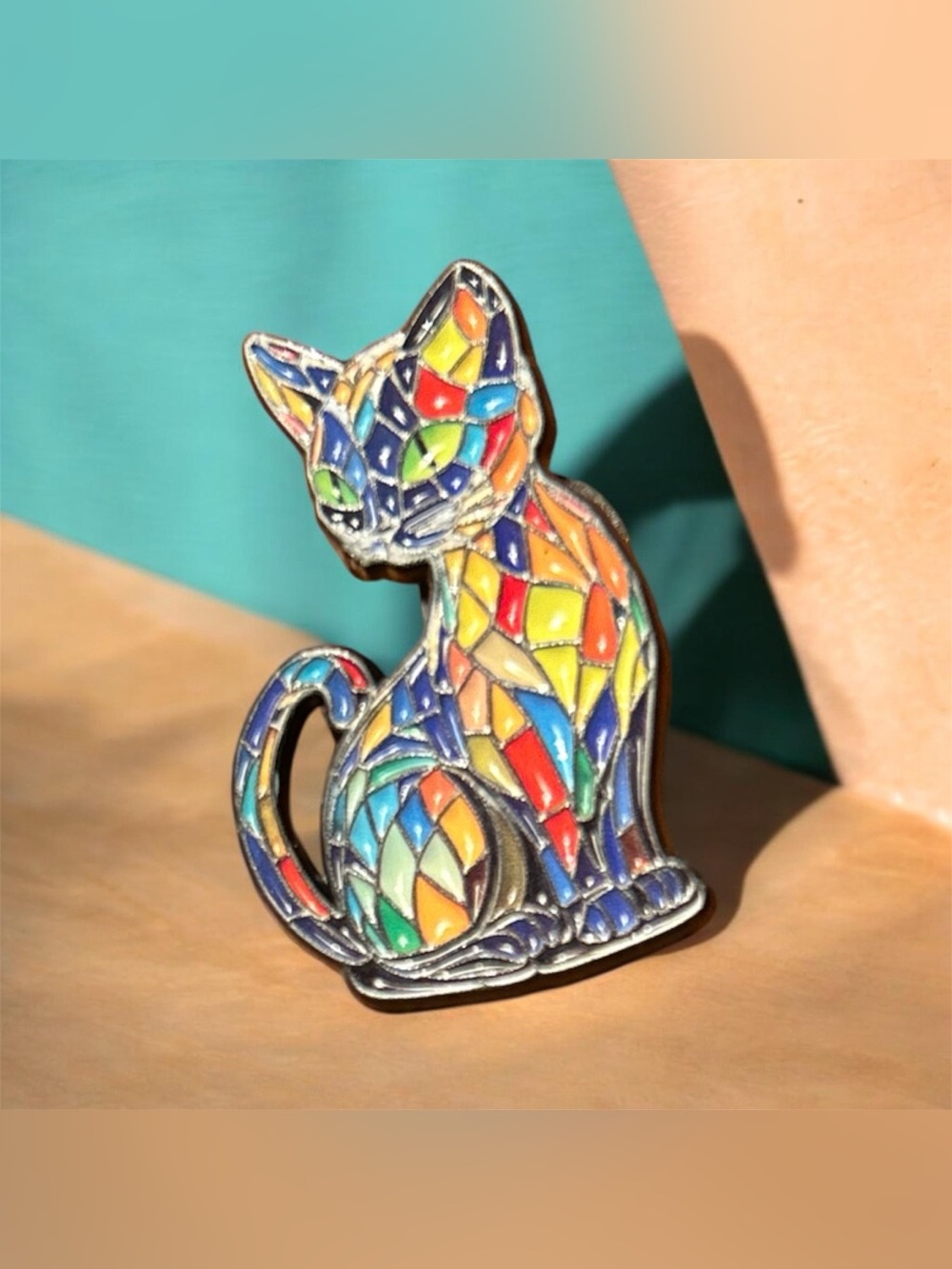 Multicolor Mosaic Cat Enamel Pin - Vibrant Stained Glass Design